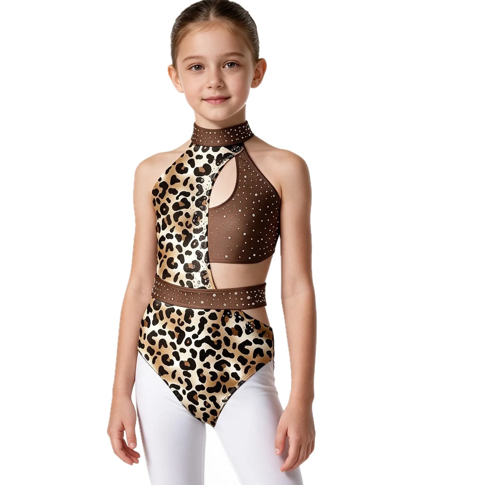 Kids Girls Ballet Dance Leotard Sleeveless Print Shiny Rhinestone Cutout Bodysuit for Gymnastics Figure Skating Acrobatics Yoga
