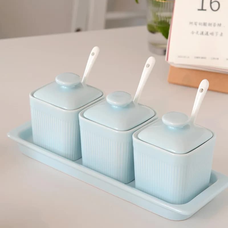 Macaron Color Ceramic Seasoning Jar Set Kitchen Spice Container Salt Pepper Shaker Bottle With Lid And Spoon Condiment Pot