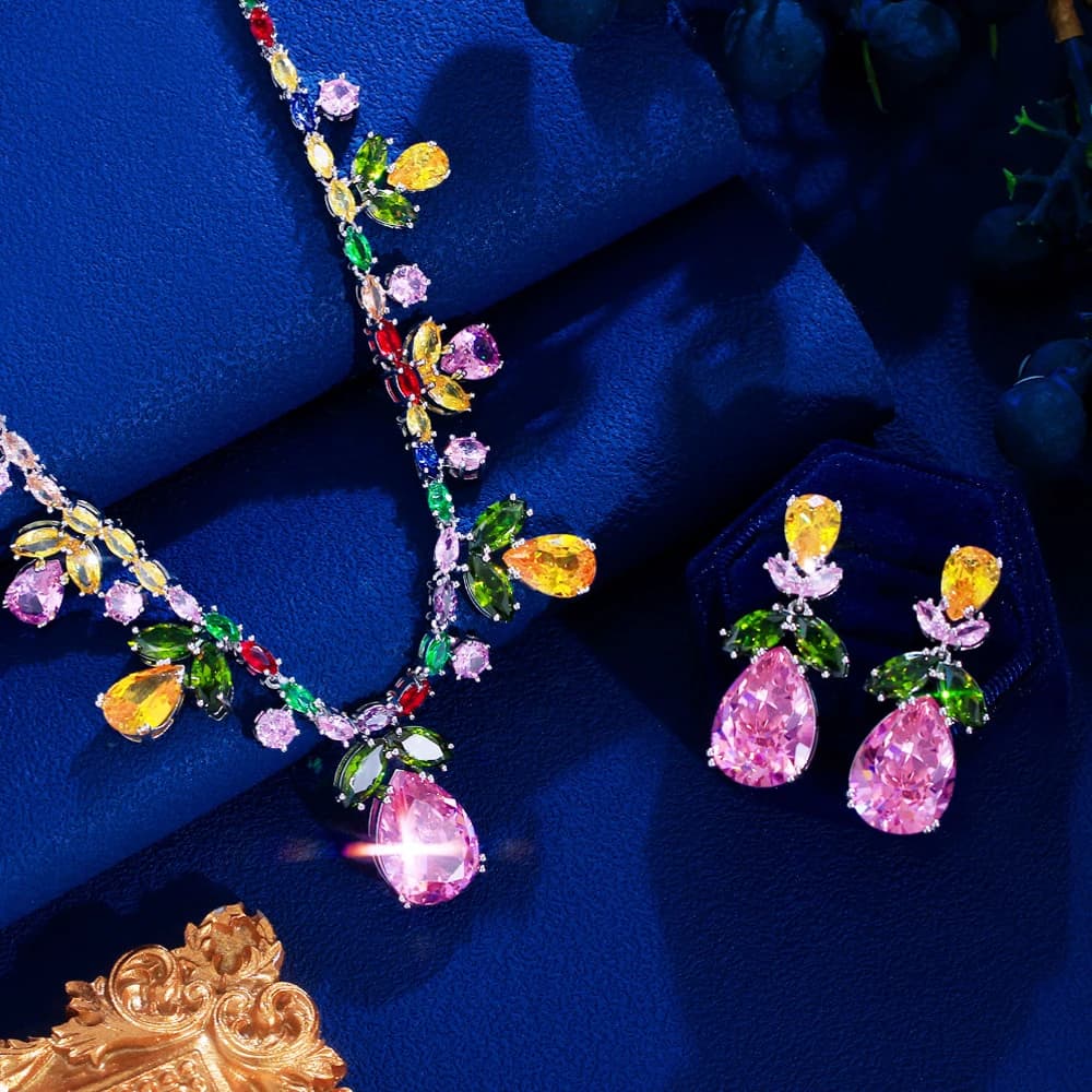 Pera Graceful Colorful Cubic Zirconia Tassel Pink Water Drop Necklace Earrings for Women Bridal Wedding Party Jewelry Sets J334
