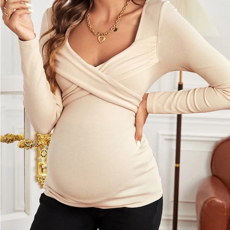 T-shirt autunno/inverno per mamma incinta a costine con scollo a V a maniche lunghe con scollo a cuore e moda da donna incinta