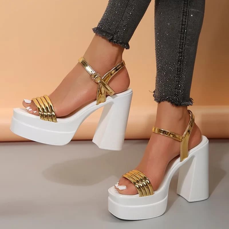 Chunky High Heels Summer Square Toe Platform Sandals For Women Europe and America Gold Hollow out Buckle Strap Party Shoes 2026