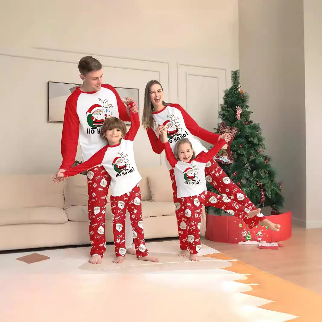 Nuovo set pigiama natalizio per la famiglia, set pigiama per la casa della famiglia a maniche lunghe con scollo rotondo stampato con Babbo Natale