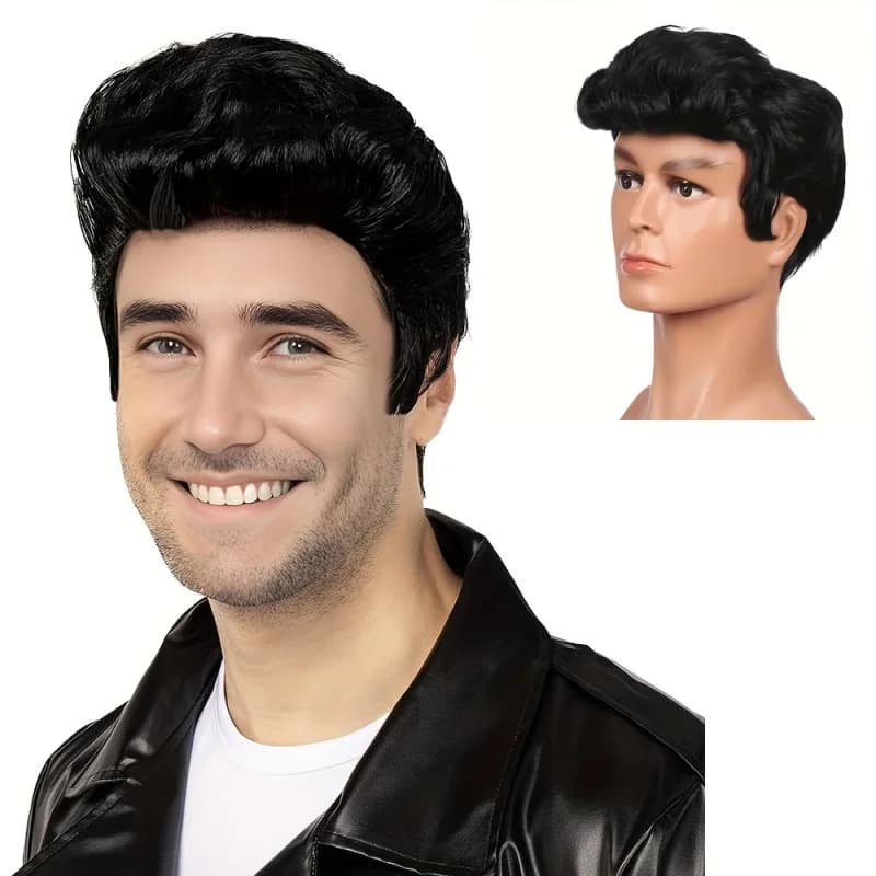 Parrucca da discoteca ondulata nera alla moda da uomo - Parrucche sintetiche Cat King per parrucca cosplay Rock Star anni '70 e '50 perfetta per le feste