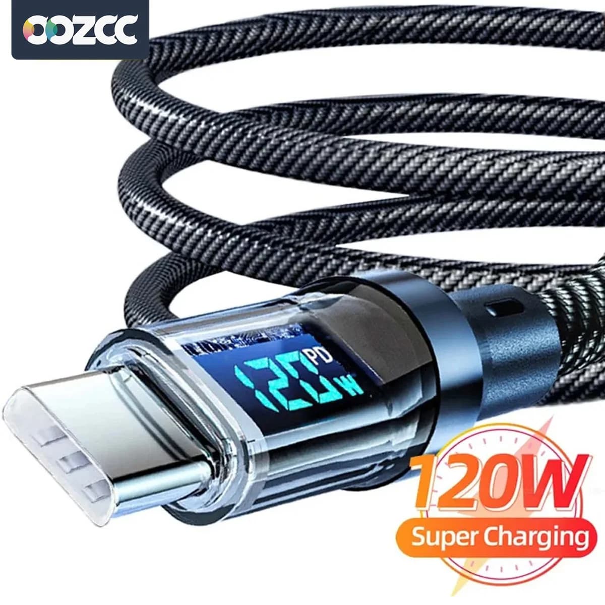 OOZCC 120W Cavo da tipo C a tipo C Cavo di ricarica super veloce per telefono con display a LED Cavo dati da USB a tipo C per Xiaomi Samsung