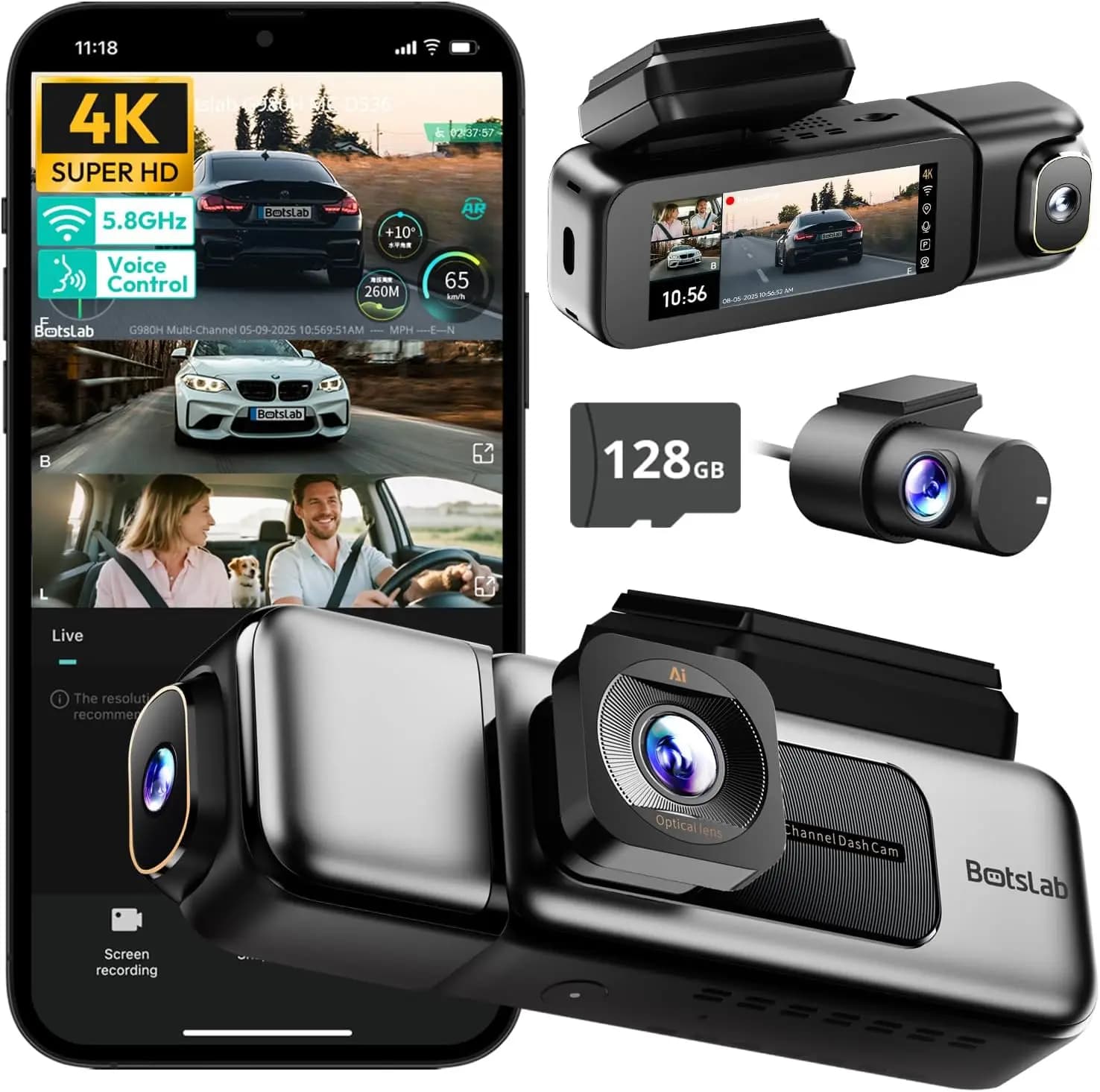 BOTSLAB 4K Dash Cam 3-channel front back interior 360 ° Touch Screen Night vision GPS WiFi Voice control 128 GB Card108