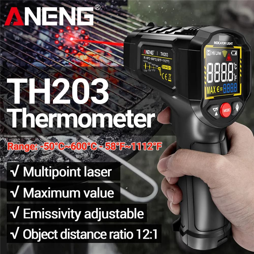 Digital Infrared Thermometer -50~600°C °C Contactless Thermometer, Pirometer, IR Tester, Igrometer, ANENG TH203 Industrial Instrument