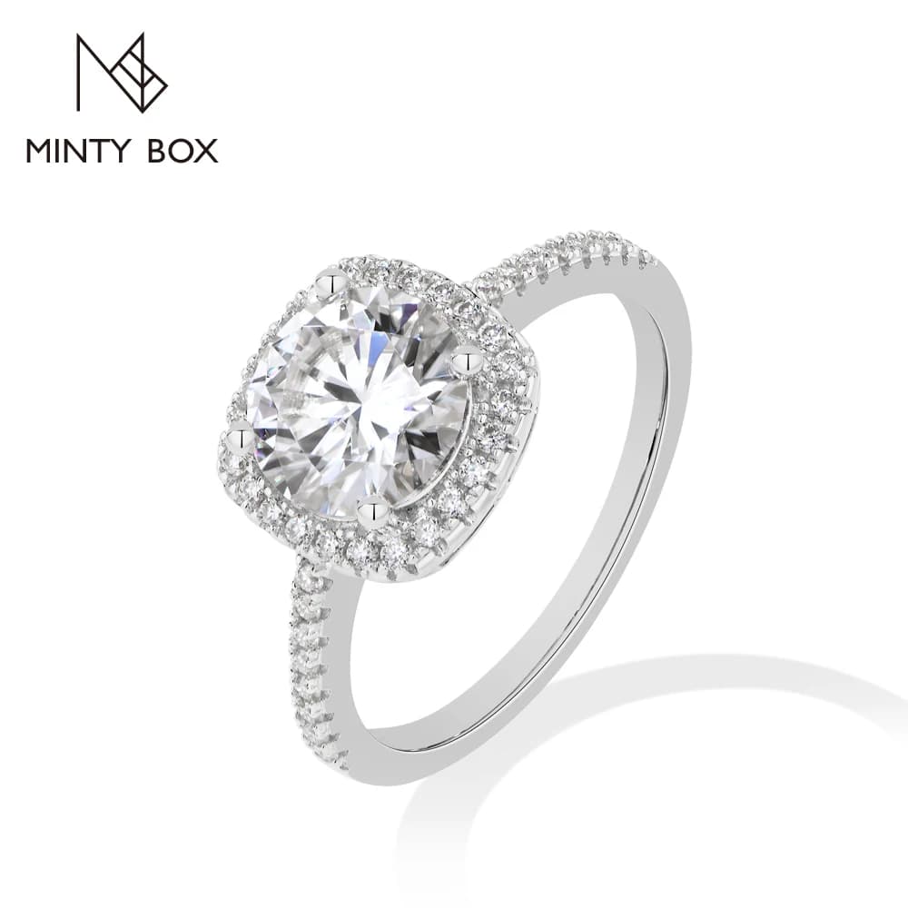 Mintybox Round Cut 2.0CT Moissanite Rings for Women S925 Sterling Silver Halo Pave Band Classic Engagement Wedding Ring Jewelry