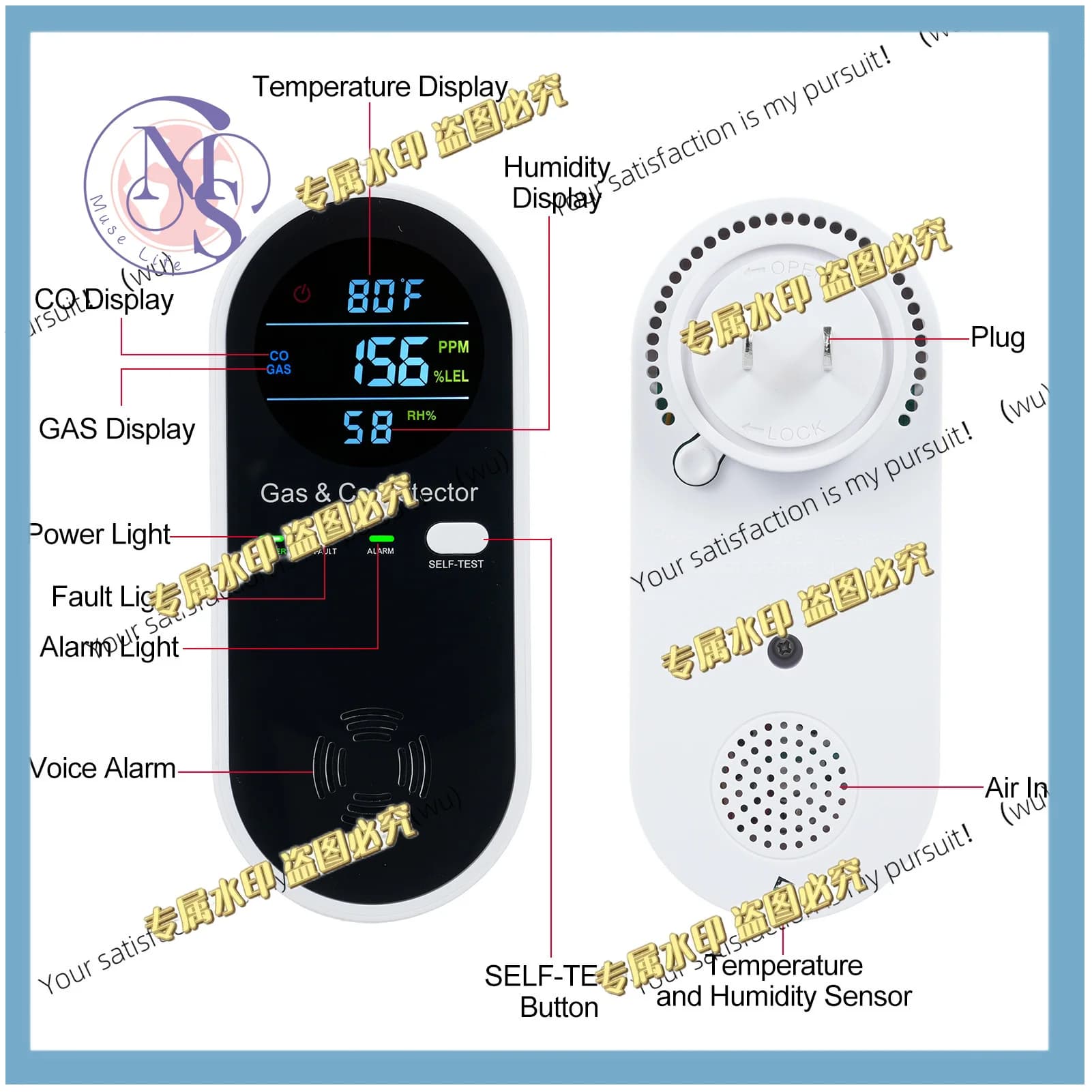 Combined carbon monoxide and natural gas detector, wall-mounted with LCD display