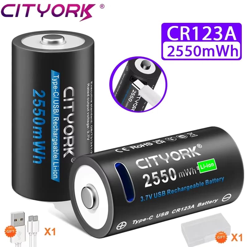 CITYORK CR123A Batteria 2550mWh 3.7V Ricaricabile Li-Ion 16340 Batterie Per Torcia A LED 16350 RCR123 Batteria + Cavo USB Tipo-c