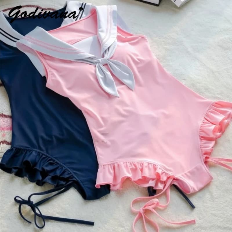 Costume intero Y2K con collo alla marinara e coulisse a zampa di gatto, stile Kawaii, per ragazze studentesse, nuovo arrivo estivo, senza schienale, dolce e grazioso