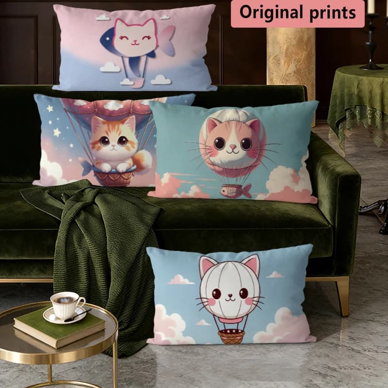 Cute Cat Hot Air Balloon Pillow Covers Suitable For Sofa Bedroom Car Pillow Cover Cushion Rectangular Back Cushion