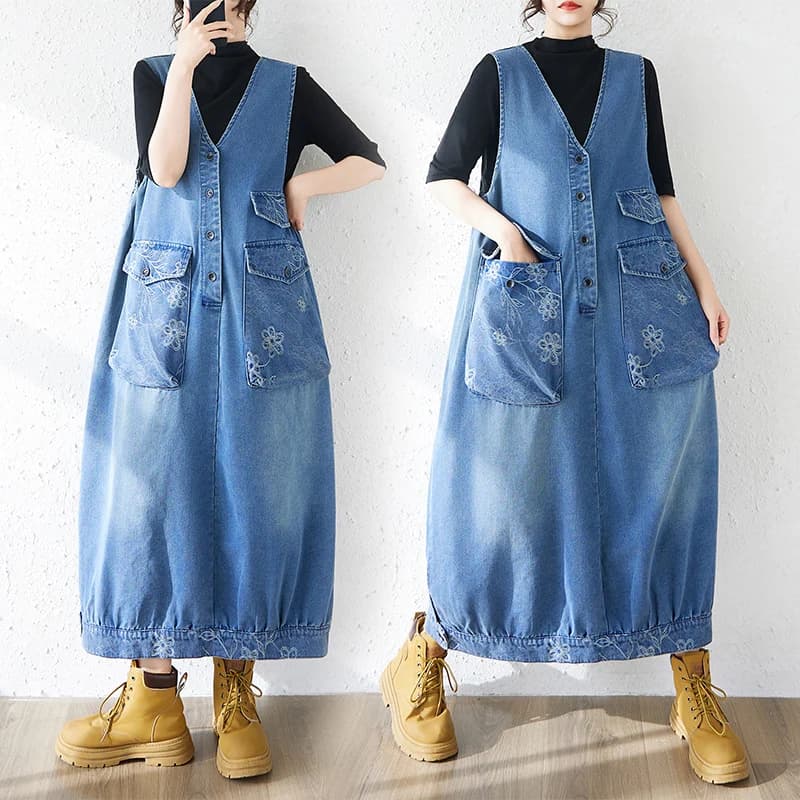 Abito da donna in denim blu taglie forti, nuovo stile primavera estate, vintage, scollo a V, lungo, senza maniche, in cotone, per tutti i giorni