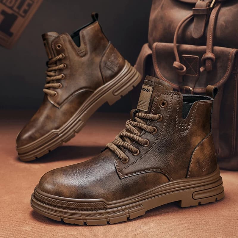 Youth Trendy Brown Leather Men's Boots High Top Casual Outdoor Workwear Short Boots Soft Leather round Toe Thick Heel