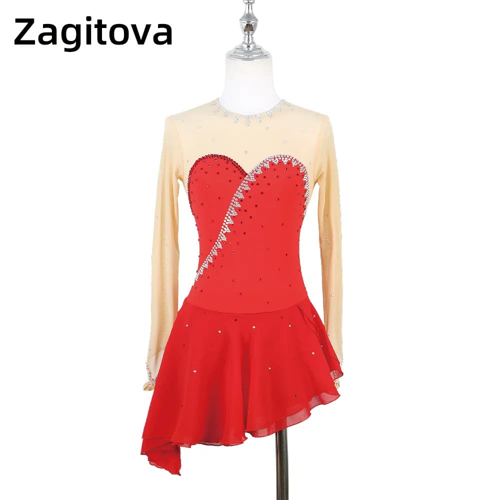 ZAGITOVA Abito da pattinaggio di figura rosso Donna Ragazza Gonna da pattinaggio di figura su ghiaccio Strass Concorso Gonna a rete Danza sul ghiaccio
