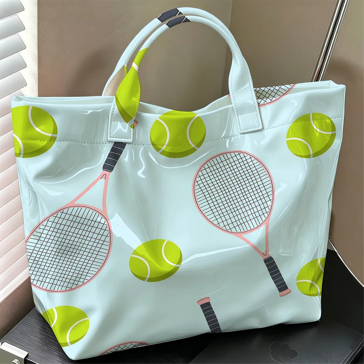 Tennis Print Cute Large Glossy PVC Tote Bag Hand Washable Lightweight Soft Great for Travel Commute Makeup Storage Handbags