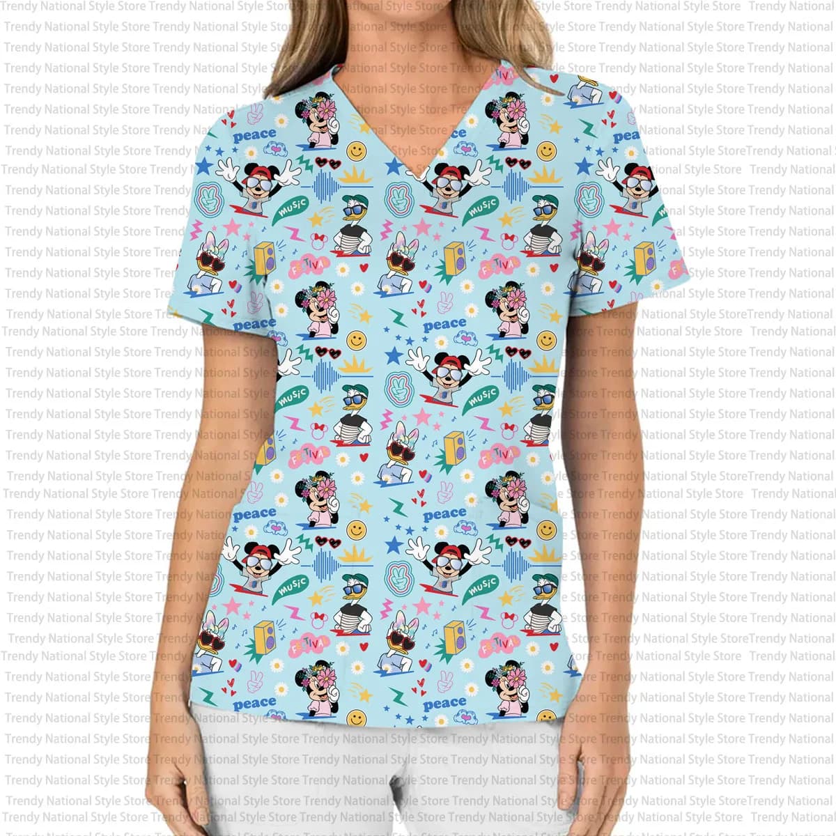 Uniforme da lavoro medica e dentale alla moda con scollo a V a maniche corte con stampa opaca Disney Christmas Topolino da donna