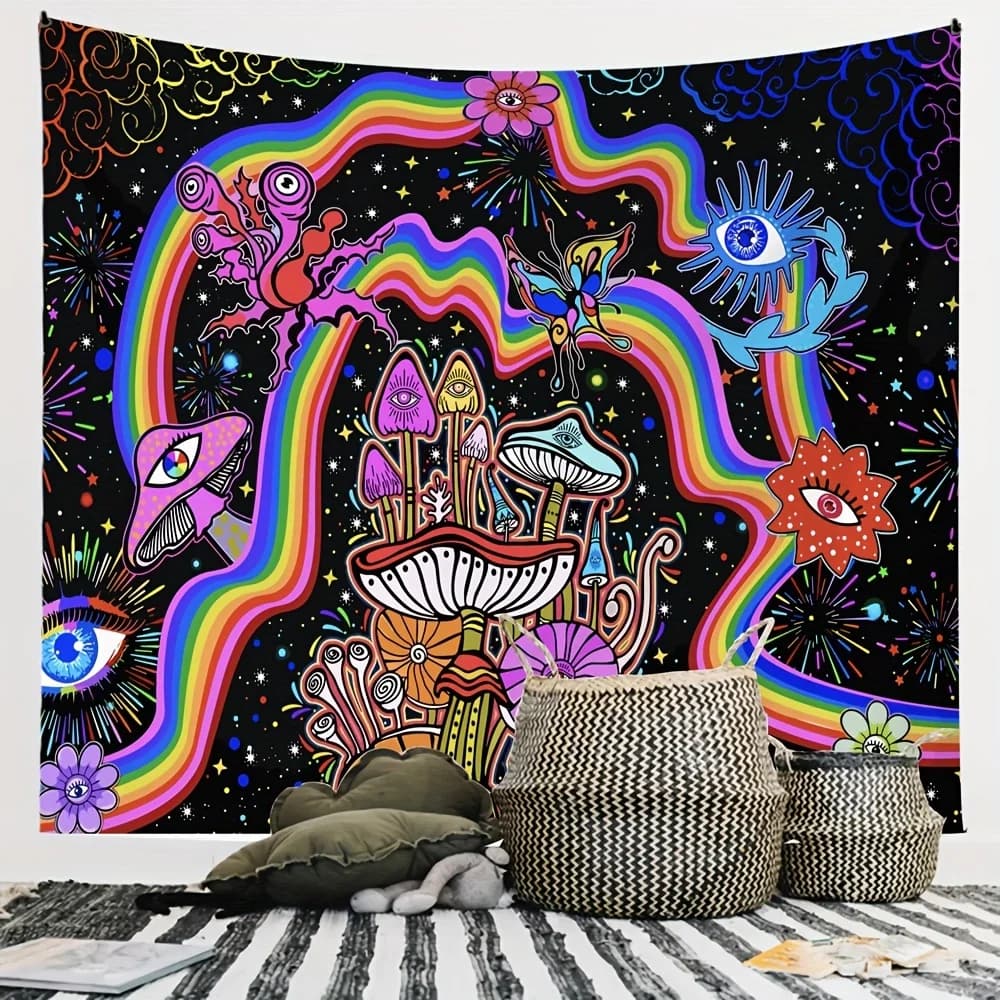 Boho Hippie Psychedelic Rainbow Tapestry Wall Hanging Vibrant Mushroom Art Boho Dreamcatcher Bohemian Decor Poster
