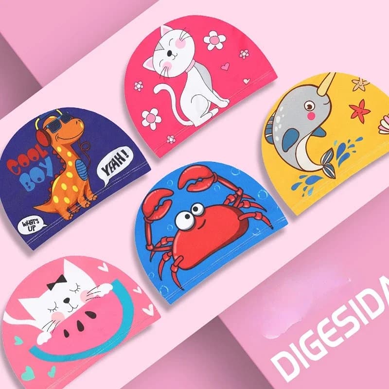 Children's swim cap in stretch fabric swimming head for pool cute cartoon kids adorable protect ears bathroom hat for boys and girls