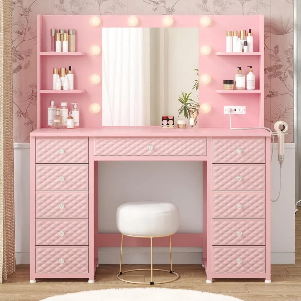Toeletta Rosa con Luci e Specchio, 11 Cassetti, Presa Elettrica Integrata, 6 Ripiani Aperti, Scrivania da 43,3 Pollici, Personalizzabile