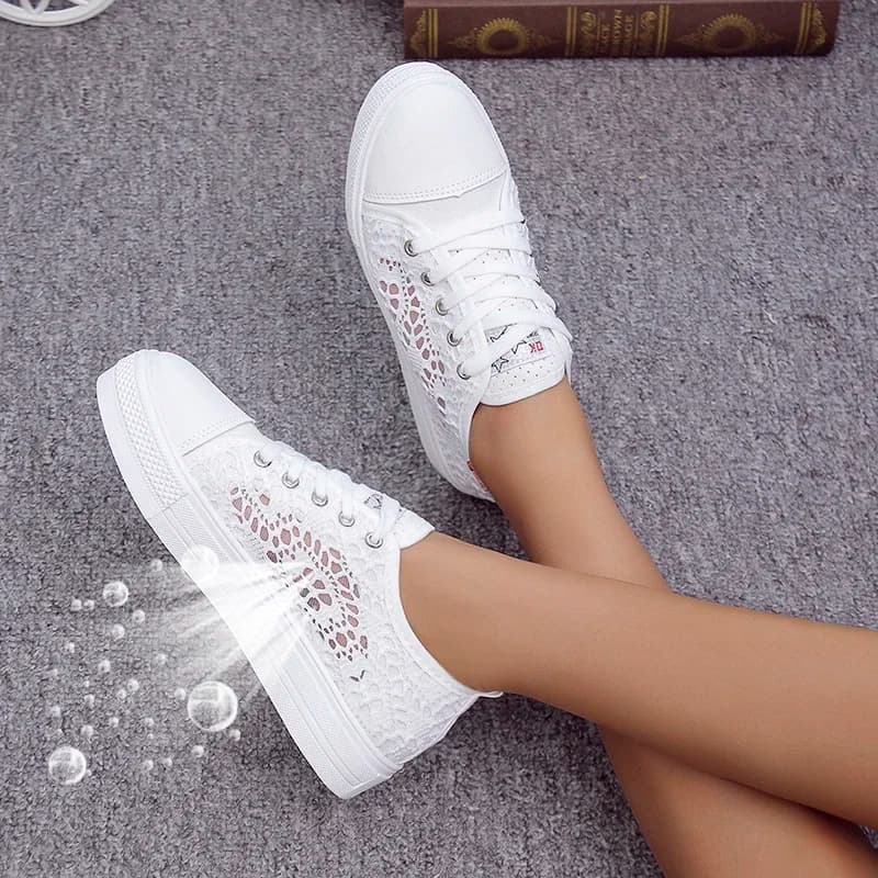 Women Shoes Fashion Summer Casual White Shoes Cutouts Lace Canvas Hollow Breathable Platform Flat Shoes Woman Sneakers