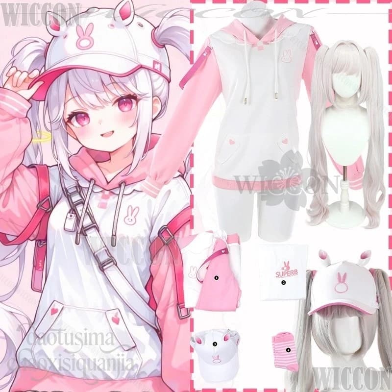 Gioco NIKKEe Dea Vittoria Cosplay Alice Loli Kawaii Coniglio Rosa Simpatico Coniglio Con Cappuccio Peloso Doppia Coda di Cavallo Halloween Comic Con
