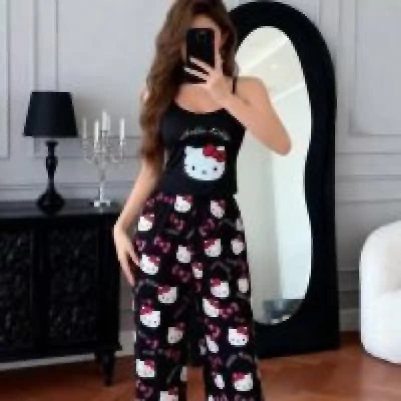 Completo pigiama estivo da donna Hello Kitty 2026, nuovo stile, nero, con bretelle, comodo, a due pezzi, casual e sexy, per casa