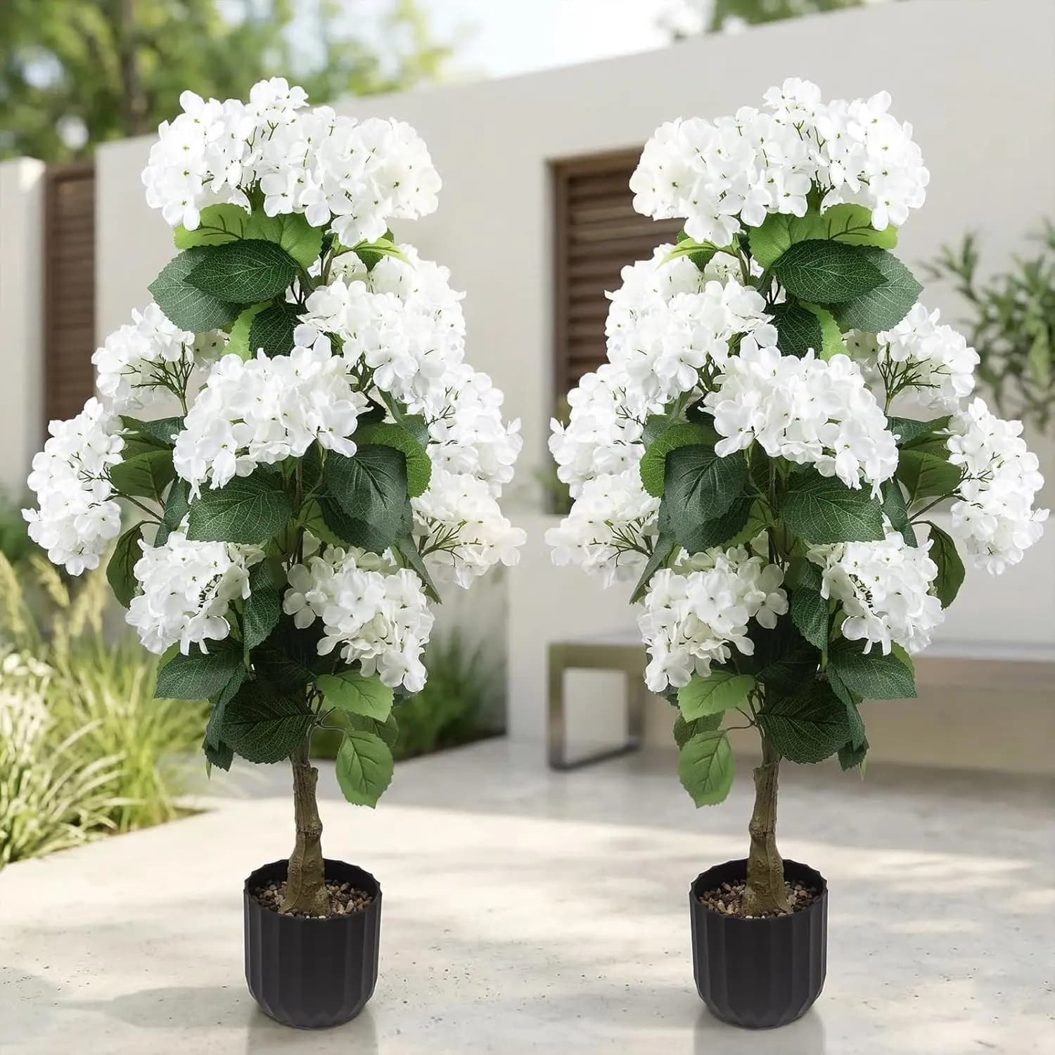 2 Pezzi di Alberi di Ortensia Artificiali da 90 cm in Vaso, Piante Finte in Seta Resistenti ai Raggi UV per Decorazioni Interne ed Esterne, Topiaria per