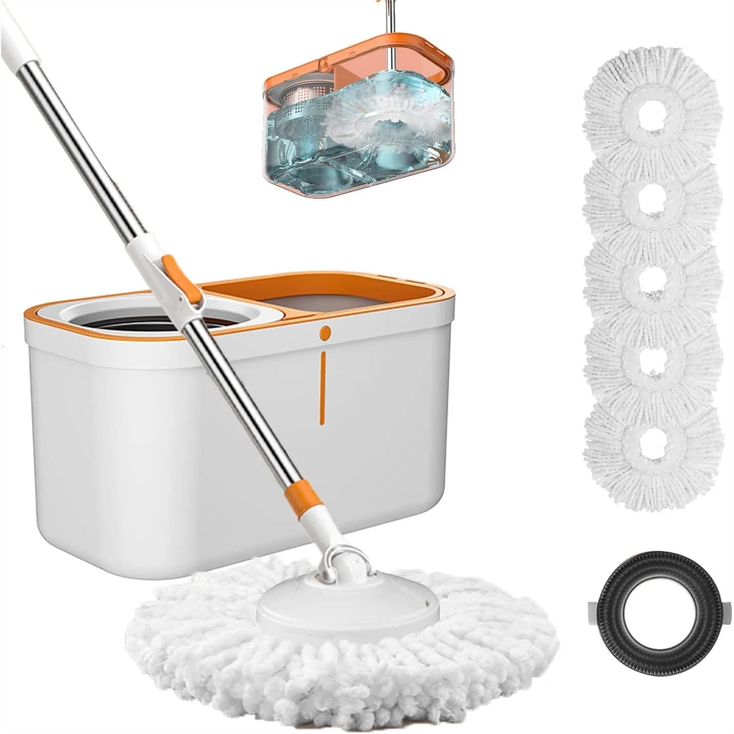 Set Mop e Secchio con Sistema di Strizzatura, Manico in Acciaio Inox da 155 cm, 5 Testine di Ricambio e Spazzola, per Pulizie Domestiche