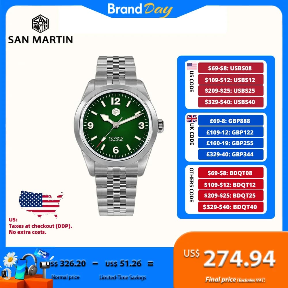Orologio da uomo San Martin 38mm Bracciale a 5 maglie PT5000/SW200 Orologio da polso meccanico di lusso BGW-9 Lume 100m impermeabile SN0107B