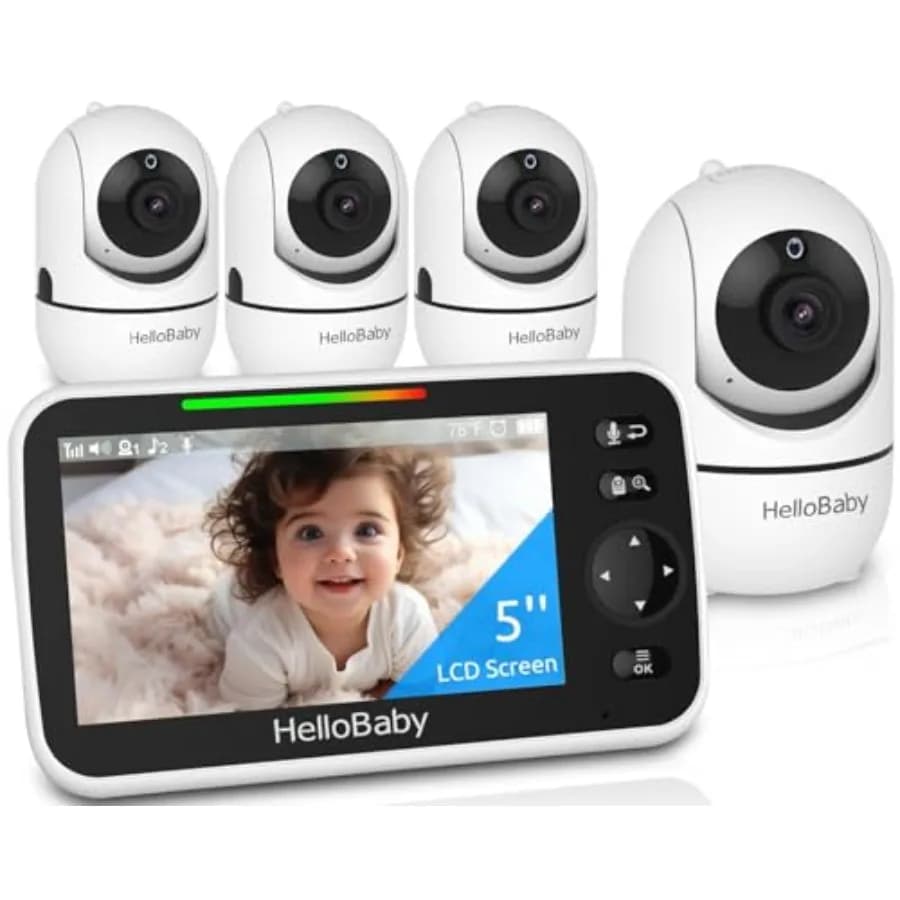 HelloBaby HB6550 Baby Monitor con 5 Schermi e 4 Telecamere, Senza WiFi, Pan-Tilt-Zoom, Batteria da 26 Ore, Visione Notturna ECO