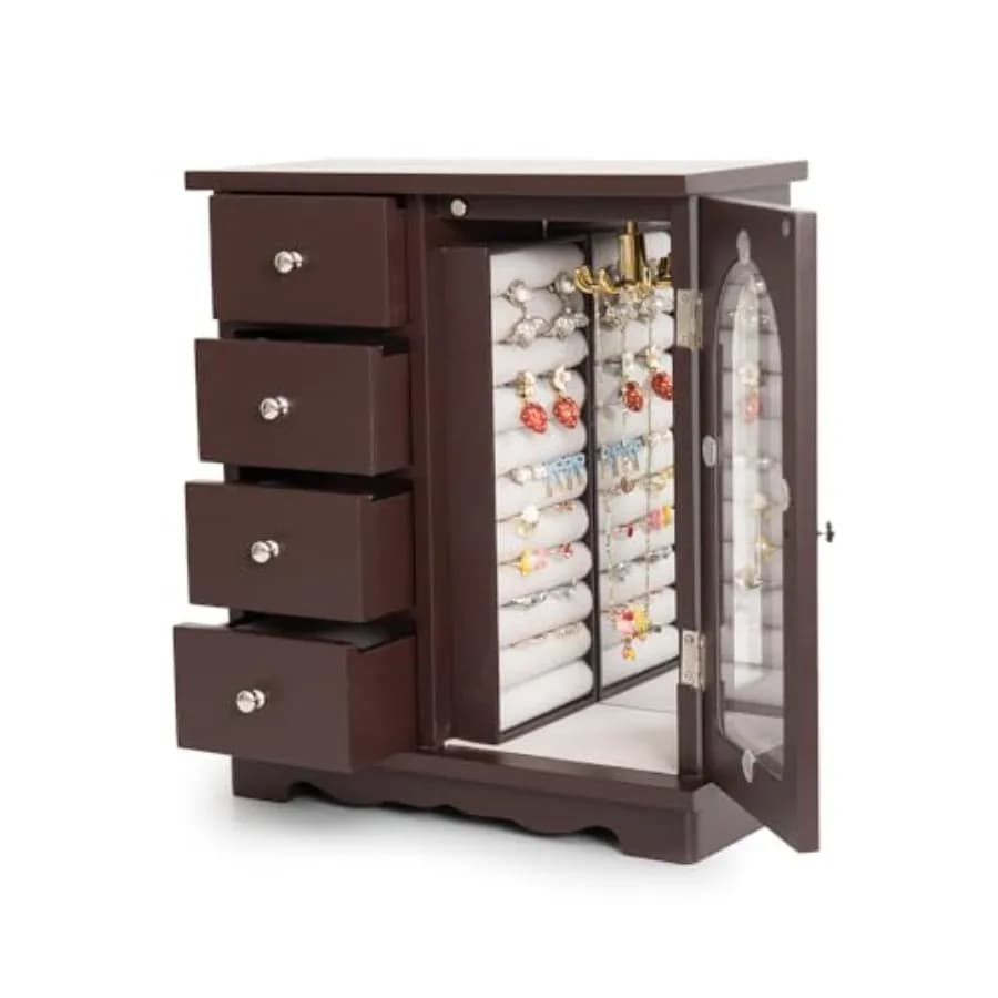 Wooden jewelry box with 4 drawers and swivel door for girls, ideal for storing make-up and accessories and organizing rings.