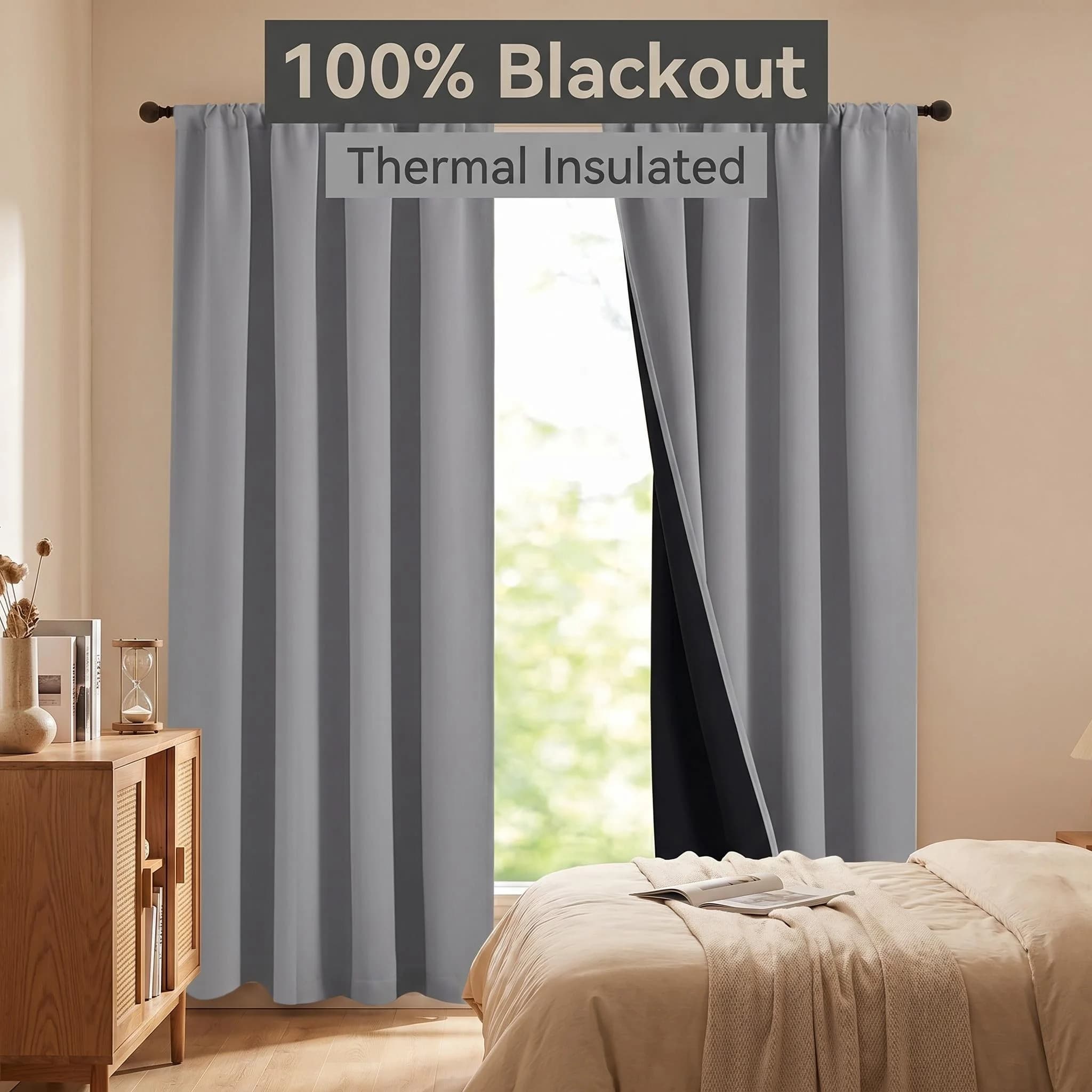 100% Full Blackout Curtains, Double Layer with Black TPU Lining Thermal Insulated Rod Pocket Drapes for Bedroom, Living Room