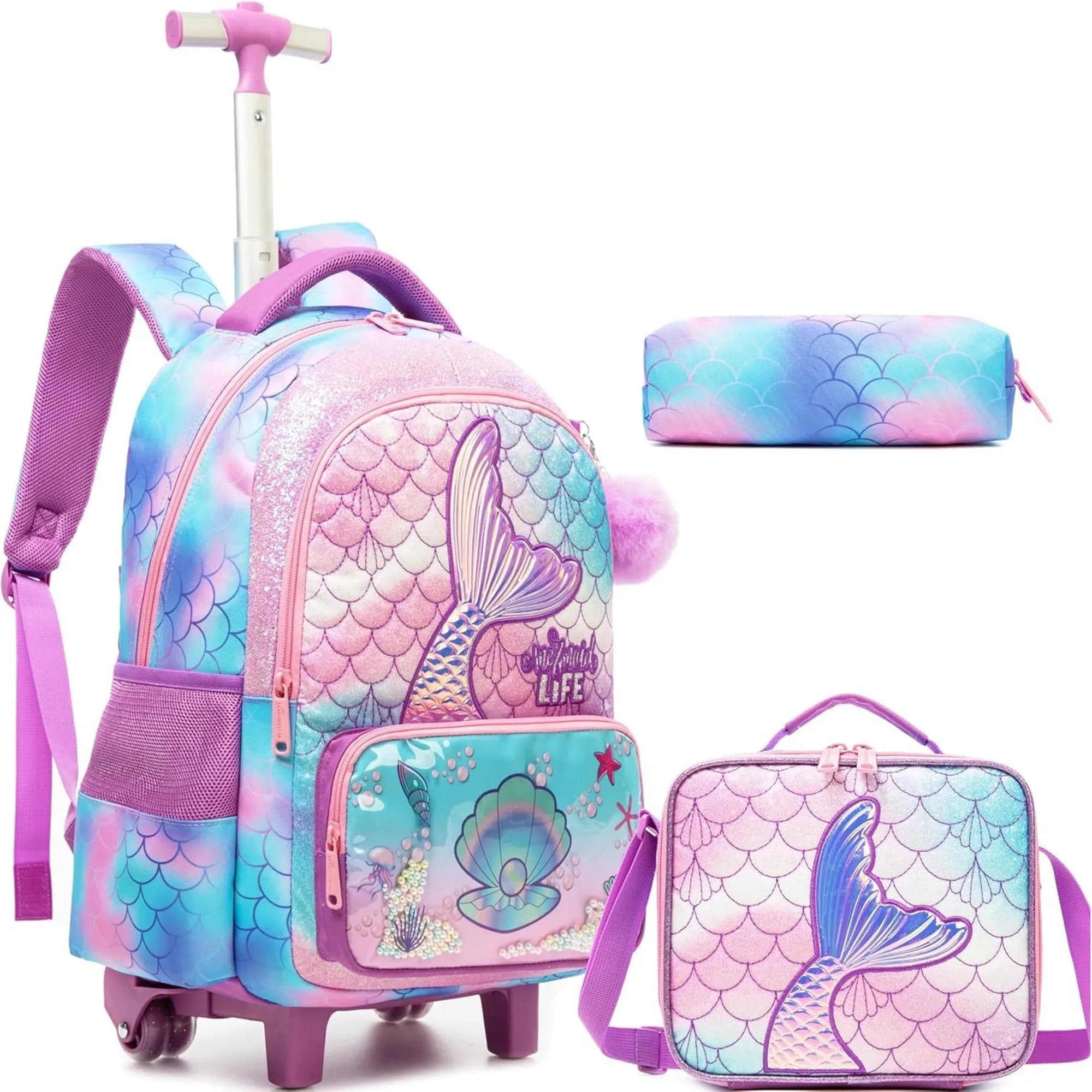 Girls Rolling Backpack Set with Wheels School Bag with Lunch Bag and Pencil Case for Elementary Students Back to School Carry on Luggage Kids Daily Travel Bag