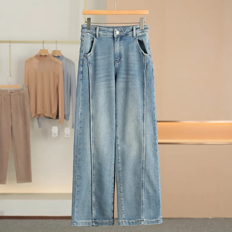 Jeans Casual a Gamba Dritta in Pile Sottile Caldo, Design Semplice, Nuovi Arrivi Invernali, Abbigliamento Donna, Vita Naturale, Denim di Cotone
