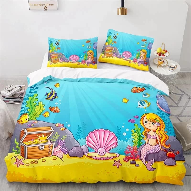 Copripiumino con sirena di pesce cartone animato King per bambini Ragazzo Adolescente Copripiumino con animali oceanici Set di biancheria da letto in microfibra per il mondo subacqueo marino