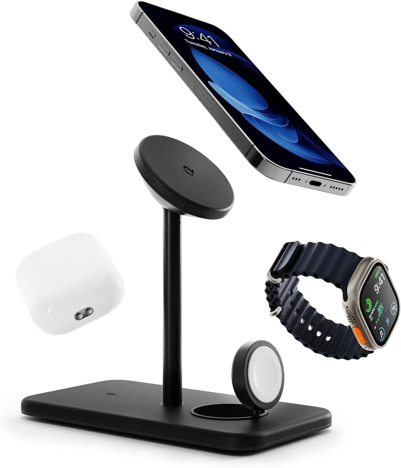 3-in-1 Wireless Charging Stand for iPhone, Apple Watch, AirPods - Fast MagSafe, Travel Adapters