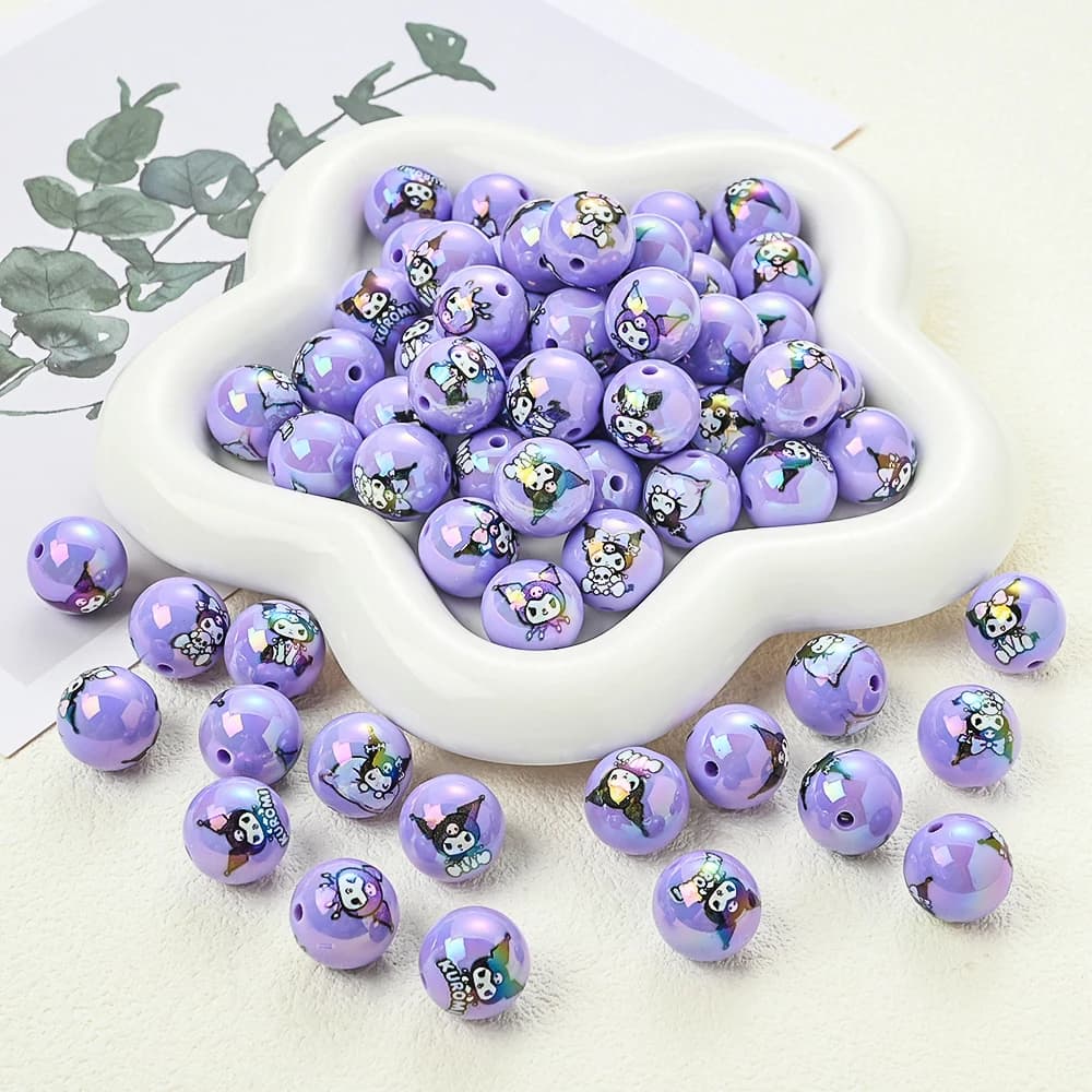 10 pezzi di perline acriliche Sanrio Purple Kuromi, mix casuale di perline rotonde per catenelle portaciuccio fatte a mano, gioielli fai da te, collane, braccialetti, regalo.