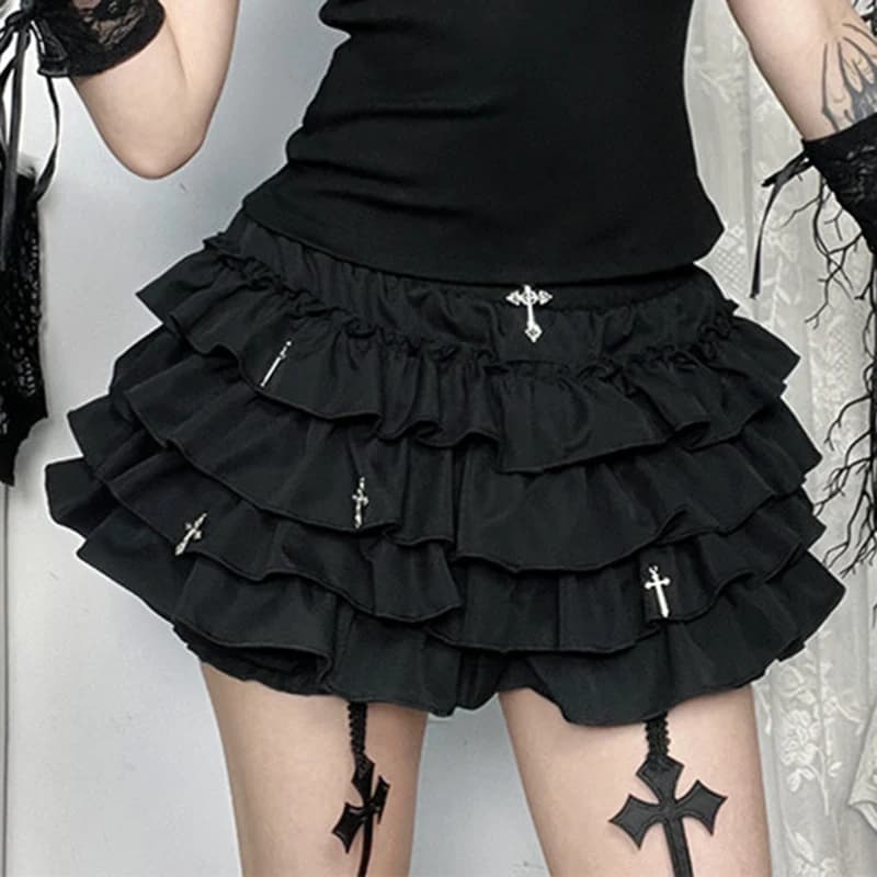 Minigonna Nera con Pendente a Croce, Pantaloncini Incorporati, Bordo Arricciato a Strati, Stile Shoujo Sukapan Gothic Lolita Kawaii Cake Skirt