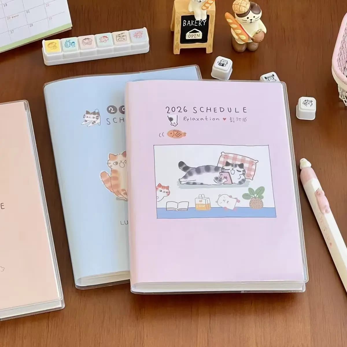 2026 Cute Cat Planner B6 Notebook Kawaii Student Schedule with Color Pages, Ins Aesthetic Journal for Study Exam Gift Set