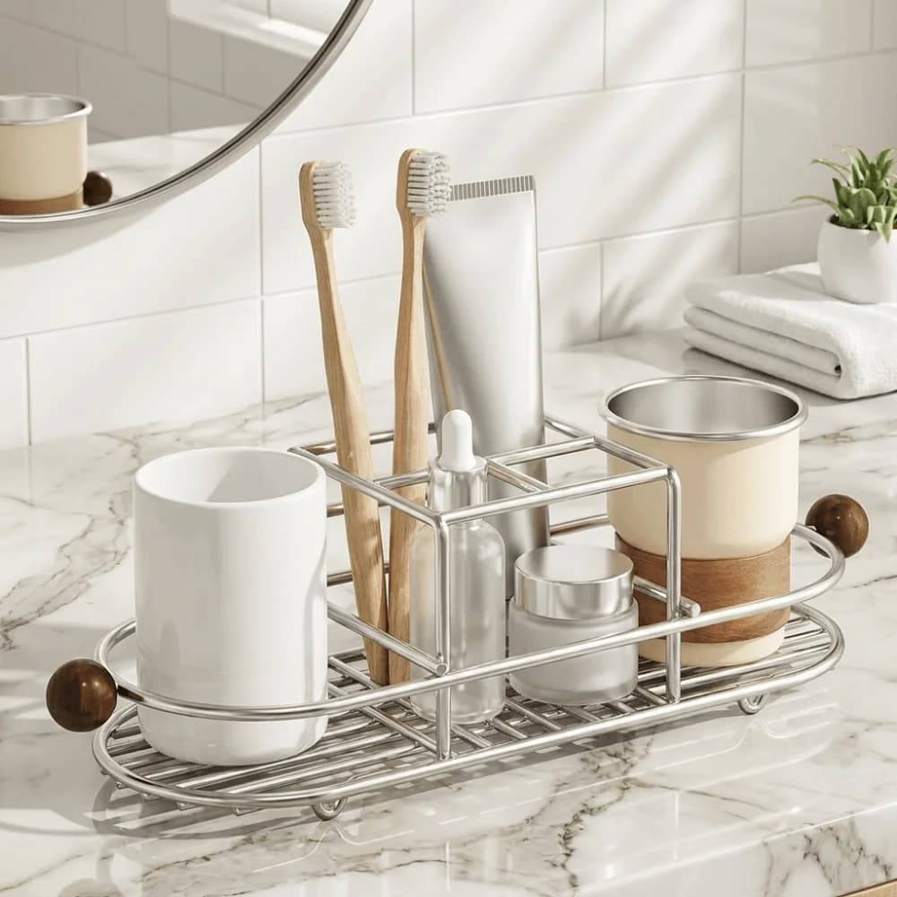 Stainless Steel Toothbrush Holder Waterproof Quick Dry Mouthwash Cup Rack Rustproof Space Saving Cutlery Storage Rack Desktop