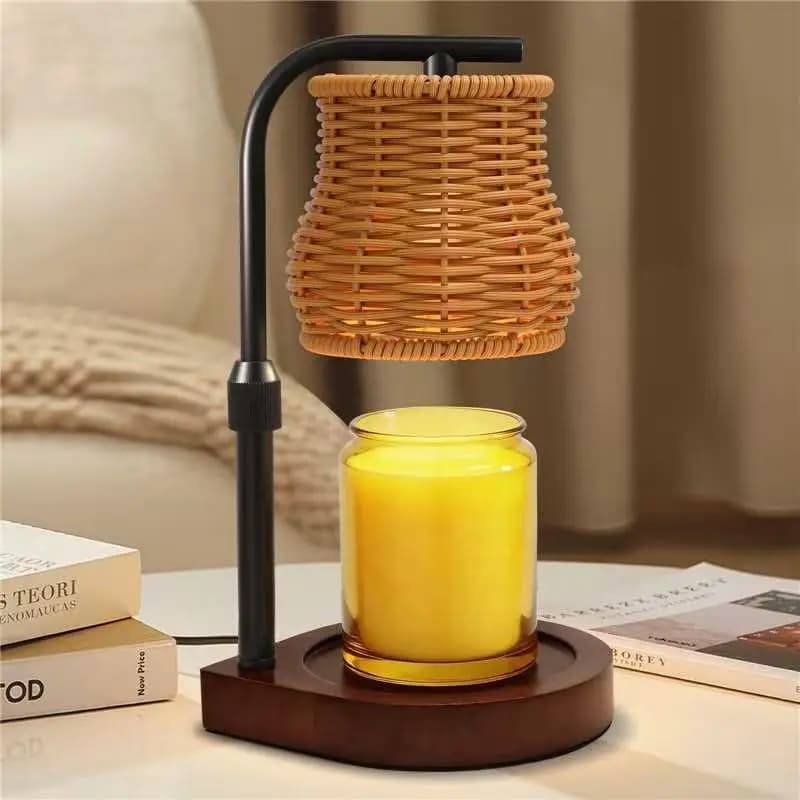 Lampada Scaldacera con Timer e Dimmer - Scaldacera Elettrico, Altezza Regolabile, Design in Rattan per Arredamento Casa, Regalo di Inaugurazione Casa (Oro)