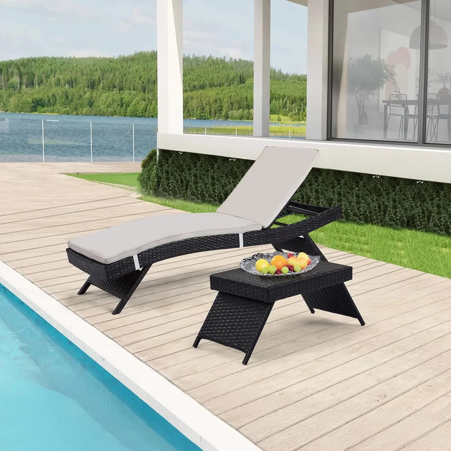 Outdoor Chaise Lounge Chair + Coffee Table Set of 2 with Detachable Cushions, Pool Sunbathing Recliners PE Rattan, Customized