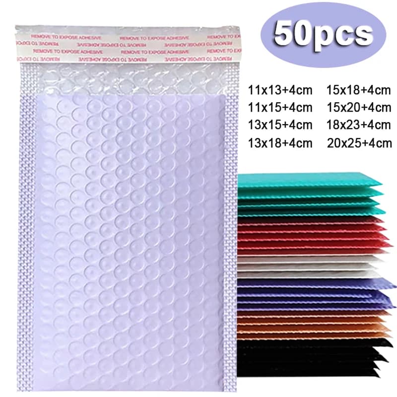 Mail envelopes stuffed with purple bubbles from 50 pieces postal envelopes padded with polyethylene bubbles for packing self-sealing mail envelopes