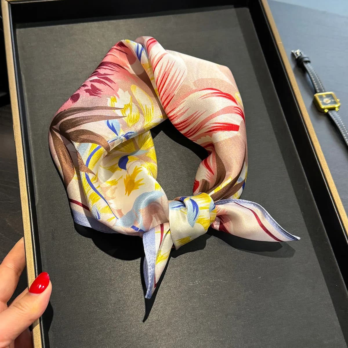 New 100% Silk Square Scarf for Women Neck Tie Soft Neckerchief Female Foulard Headband Hijab Decorate Hand Print Shawl Bandana
