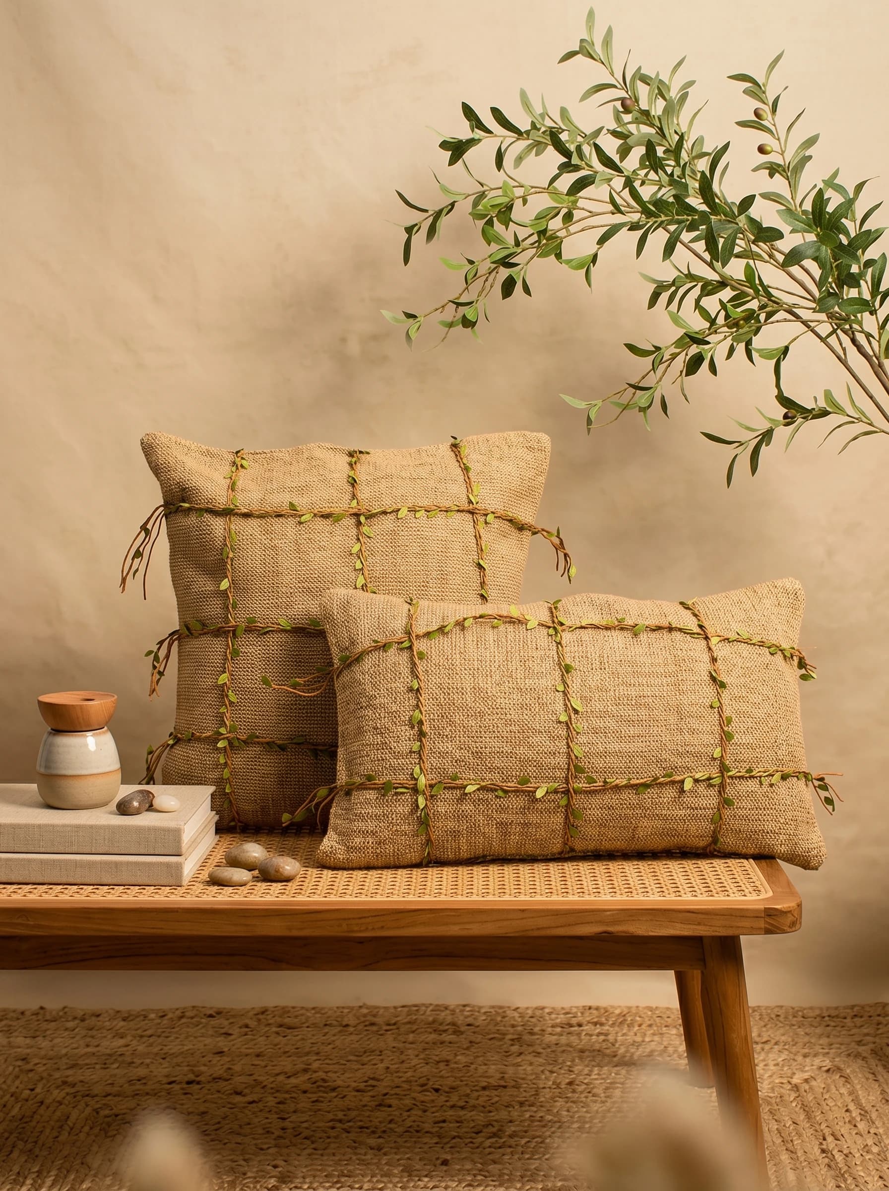 Set di Copricuscini Rustici Intrecciati | Federa decorativa con motivo a griglia con foglie e rampicanti | Coperture Quadrate e Lombari Ispirate alla Natura per Divano Letto