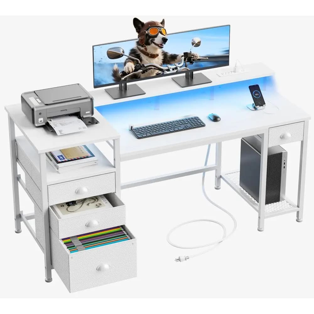 60 White Office Computer Desk with 4 Drawers,Gaming Desk with LED Lights and Power Outlets,Long Desk with Fabric File Cabinet,S