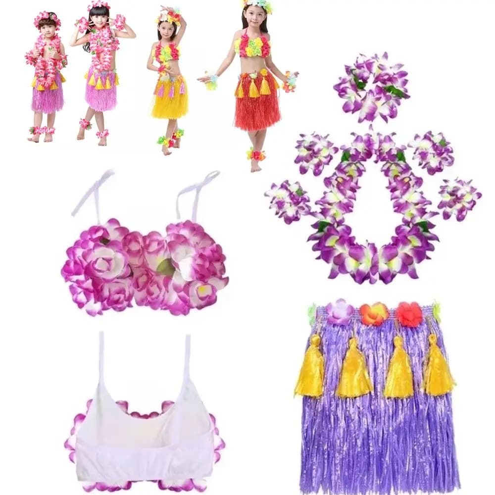 7/8Pcs Costume Hawaiian Hula Skirt Set Headband Wristbands Hula Dancer Costume Necklace Bra Hawaii Party Supplies
