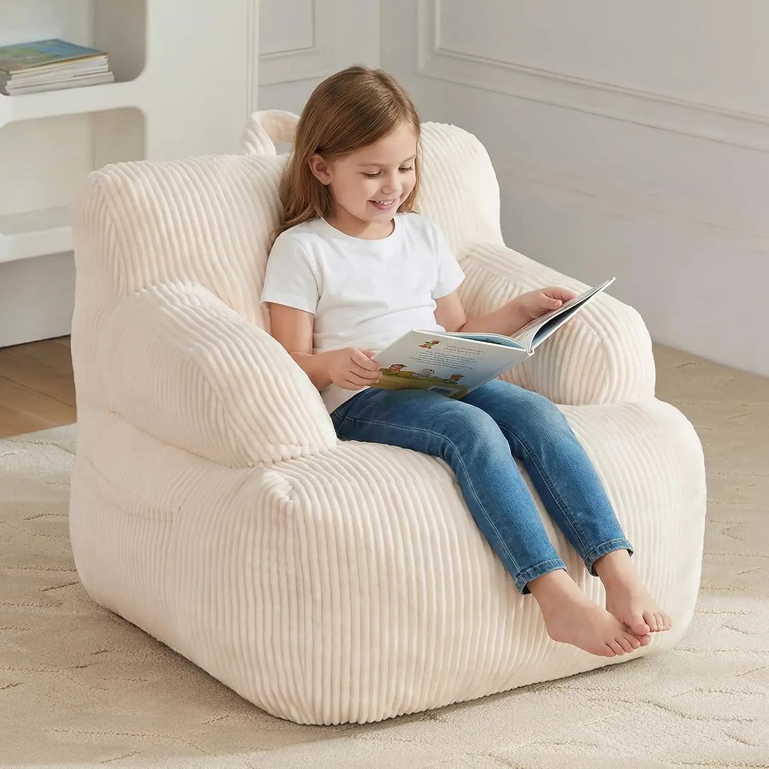 Poltrona a sacco per bambini con braccioli, comoda poltrona per bambini e bambine, piccola poltrona da pavimento per giocare, leggere e rilassarsi, beige