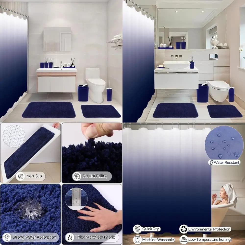 Set completo di accessori da bagno blu navy: tenda da doccia, tappeti, pattumiera, dispenser di sapone, piatto, scopino per WC, portaspazzolino