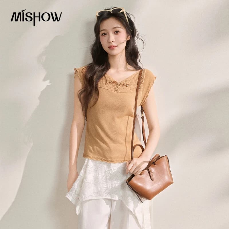 MISHOW T-shirt in maglia con risvolto e maniche a volant in lino fresco, stile casual estivo 2026, top con design floreale traforato MXF16Z3033